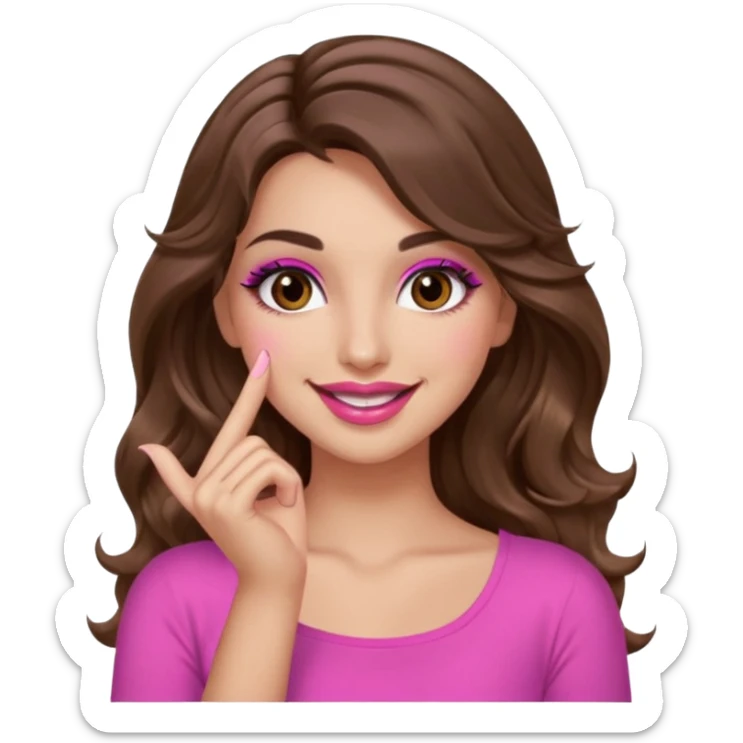 girl with long wavy brown hair, brown eyes, long lashes makeup, sexy pink lips, light to medium complexion, pink sexy top, smiling, hand by the cheek snapping fingers sticker