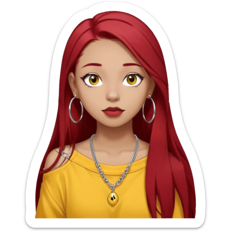 generate a pretty bratz girl with dark brown eyes. Dark long red hair straight long. wearing a yellow oversized tee falling off her shoulder, dainty silver necklace, silver hoops, septum piercings. big eyeliner sticker