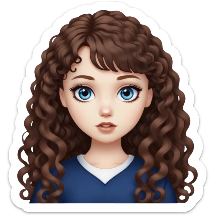 pale skin, brown bangs long curly hair, dark blue eyes, black eyeliner, pretty bratz baddie sticker