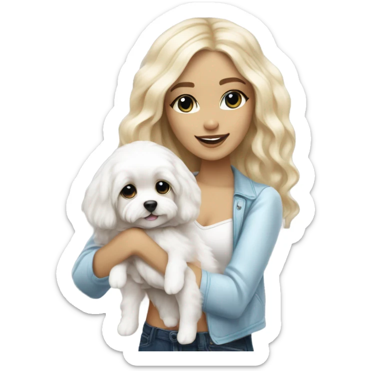 White Cute straight long-haired Blonde and blue-eyed girl fashion nightclub outfit and holding happy white cavachon dog sticker