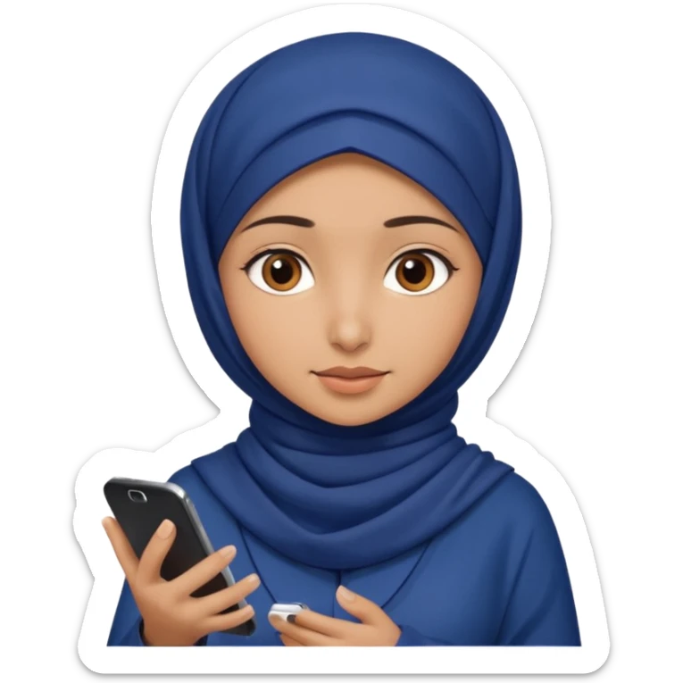 Turkish beautiful finish Konya girl brown eyes with indigo hijab islamic dress and had on her hand phone does photo sticker