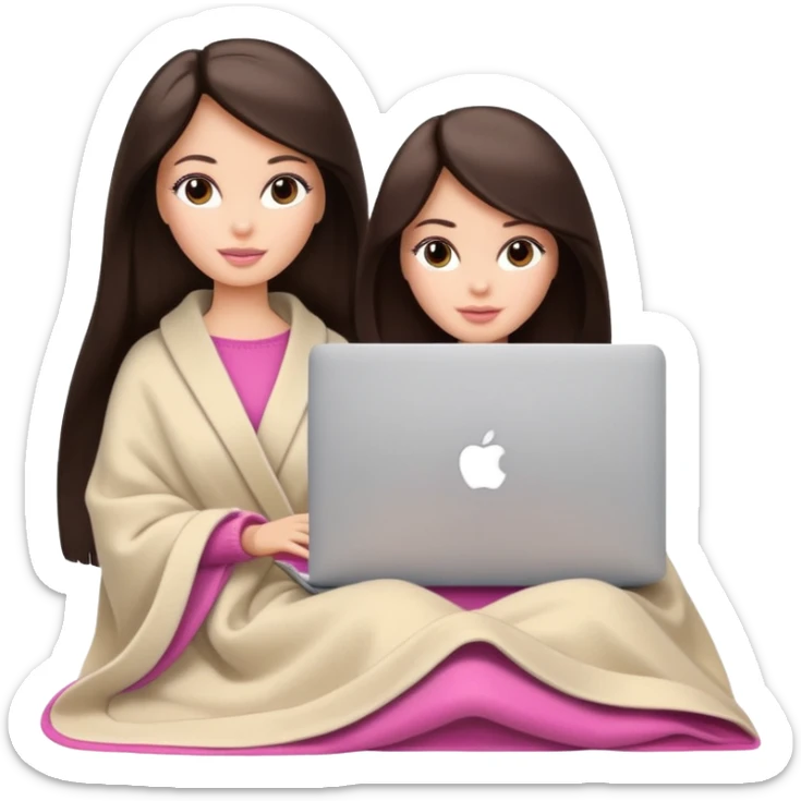 Barbie girl with a long straight dark brown hair inside a pale beige blanket working macbook  sticker