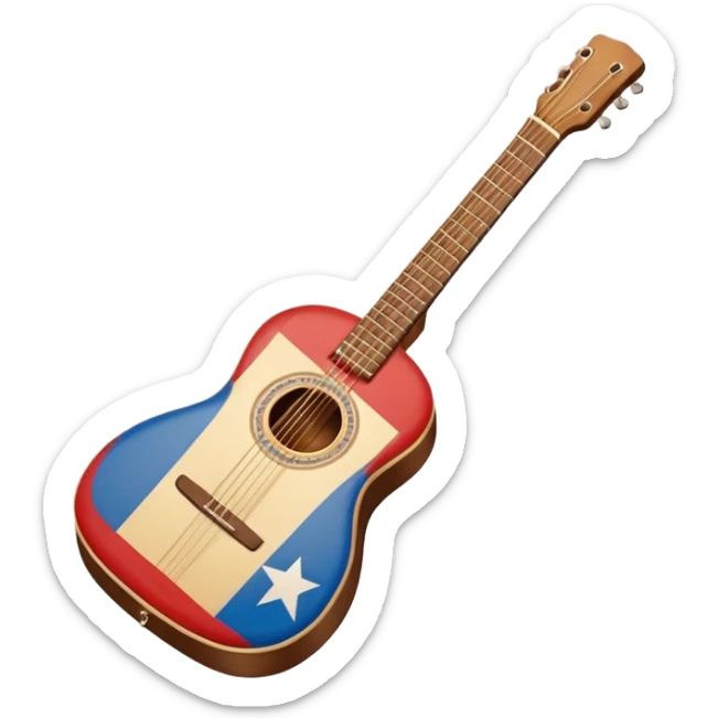 “Flat vector icon of a Cuban tres guitar in three-quarter view, warm brown wood with 3 string courses, thick outline, centered on a warm cream or beige rounded-square (or circle); add a small simplified Cuban flag (blue, red, white) on the soundboard like a sticker.  sticker