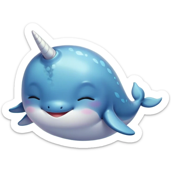 Meme-Worthy cute Sleeping Narwhal Portrait Emoji, Head resting peacefully with a contented smile, showcasing a luxuriously smooth form with a gentle tusk accent, eyes closed in a serene slumber, Simplified yet hilariously adorable features, highly detailed, glowing with a soft, drowsy glow, high shine, relaxed and utterly lovable, stylized with an air of playful laziness, bright and heartwarming, soft glowing outline, capturing the essence of a comically sleepy sea unicorn that feels destined to become the next viral sensation of adorable rest! sticker