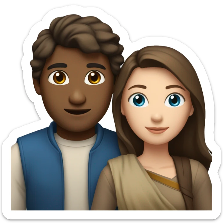 Couple with arms around each other; white woman with blue eyes and brown hair, Indian man with black hair  sticker