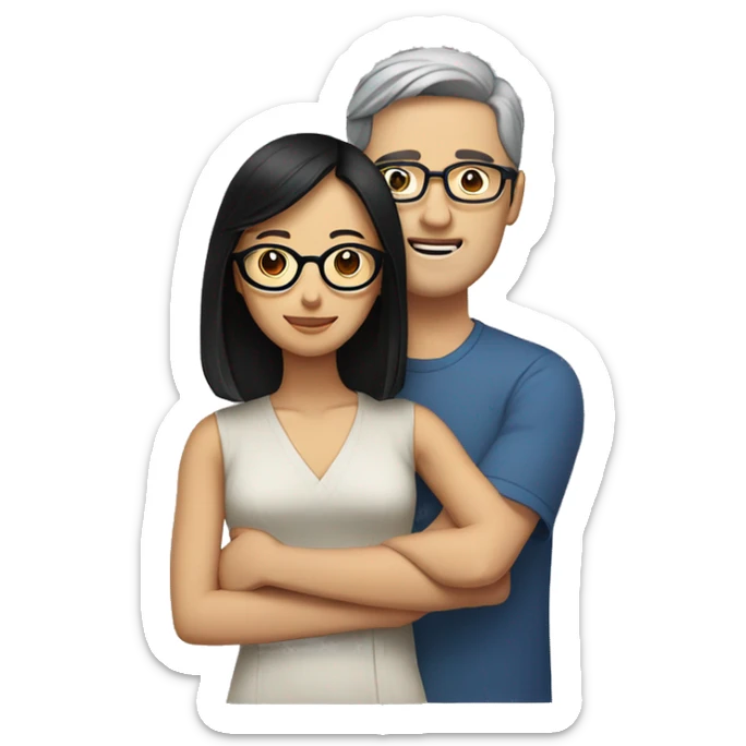 A bespectacled brown-haired white man and a black-haired Asian woman holding him sticker