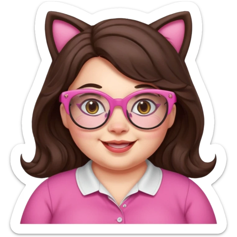 happy beautiful chubby woman English teacher, wavy long dark brown hair, wearing pink cat glasses, only the face, gamer, classroom background, for online classes sticker