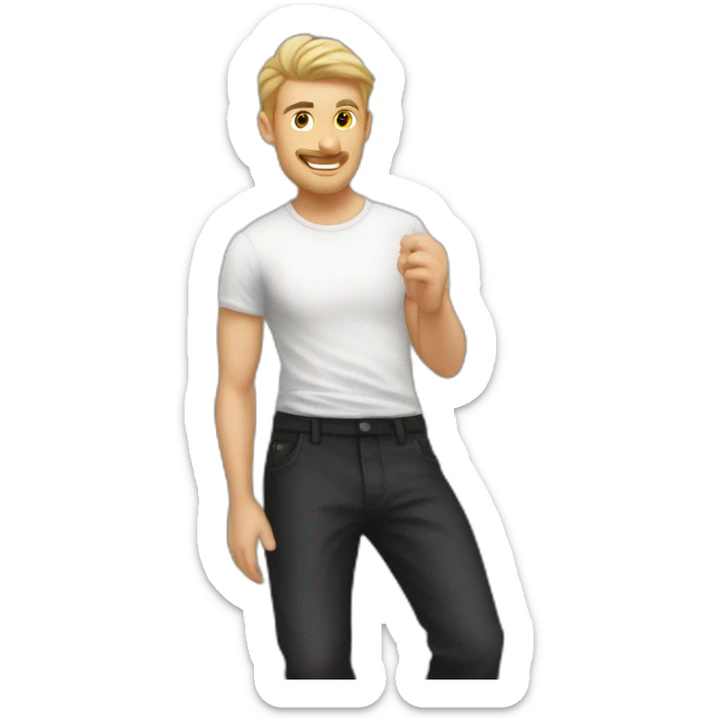 Slavic guy in a white T-shirt and black trousers washes the window with a slick and a rag sticker