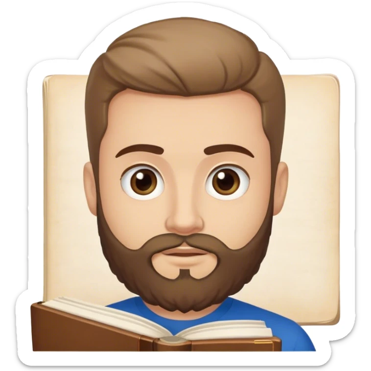 A young man witch an italian beard, who is greek's and latin teacher holding a dictionary and saying '¡Vivan las clásicas!' sticker