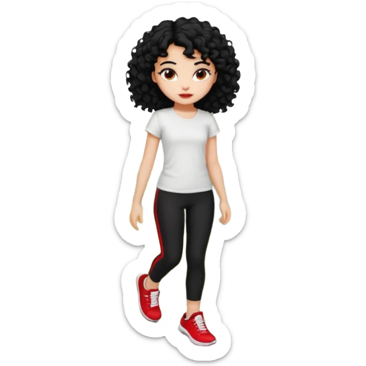 generate a pretty bratz fair skinned girl with curly black hair wearing a white tshirt trekking on a hill with red sneakers on and black leggings.  Put a hill behind her sticker