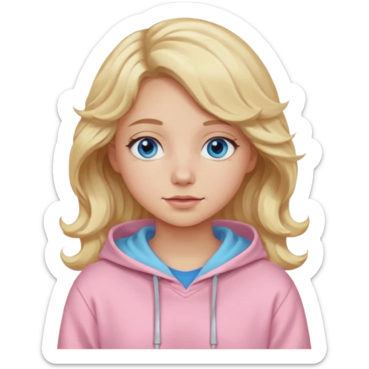 Generate a blonde girl with blue eyes with wavy hair in a pastel pink hoodie  sticker