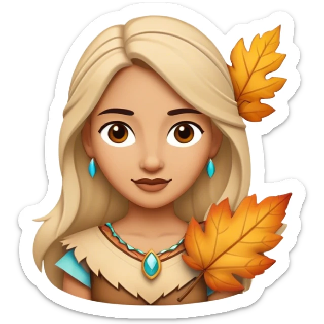 Cinematic Playful Pocahontas Portrait Emoji, Tilting her head with a knowing smirk, holding a delicate autumn leaf, eyes glimmering with adventure, an enchanting blend of confidence and charm, absolutely captivating! sticker