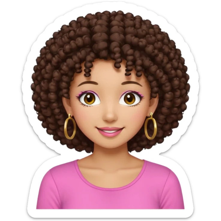 Naturally tan skin girl short darkBrown curly afropink shirt very long lashes hoop gold earrings Brown eyes gyaru smiling closed mouth cute sticker