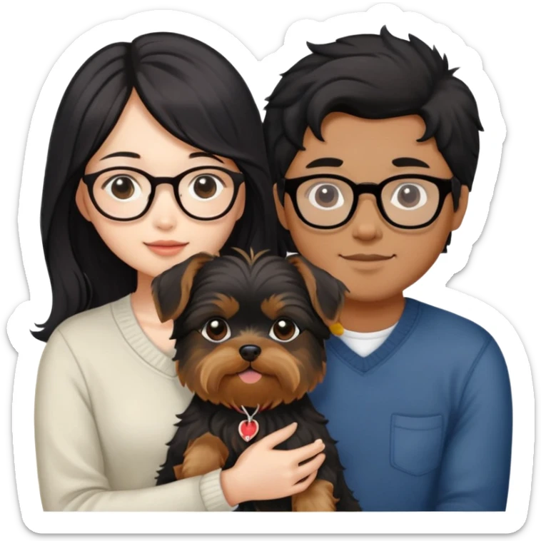 A couple holding a small Yorkshire Terrier together. The girl is Asian with long, luscious wavy black hair (loose, no hair tie). She is next to her boyfriend, a brown-skinned man wearing glasses with a korean haircut sticker
