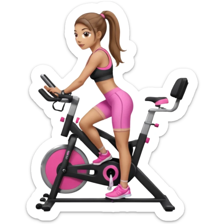 Light skin girl with long light brown hair in a pony tail, black workout set leaning on a indoor spin bike with NO HELMET, can we add a pink sports bra  sticker
