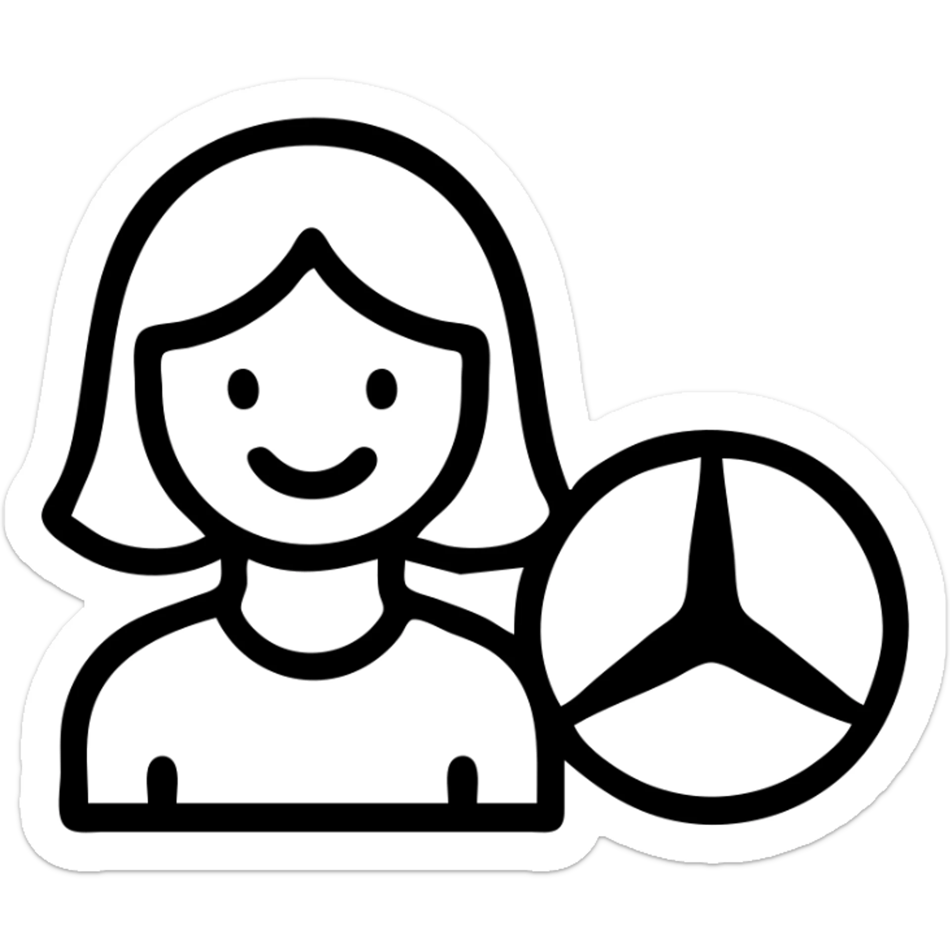iconic style, limited colors, minimal details, girl smiling next to Mercedes logo, simple icon design sticker