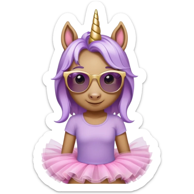 head and shoulders portrait of a friendly anthropomorphised female unicorn in tutu and pink t-shirt, wearing dark sunglasses, lavender and gold color scheme sticker
