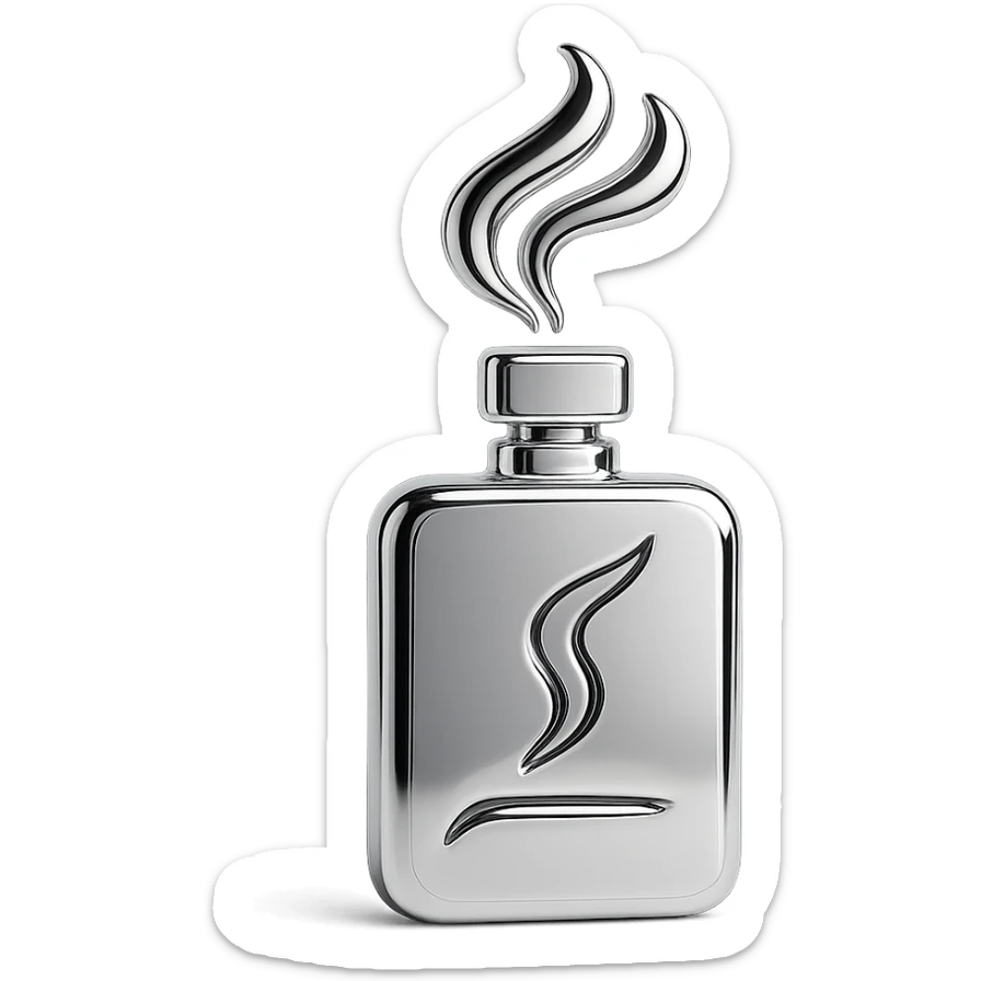 Minimal symbolic icon representing a signature fragrance: abstract vapor or mist emerging from a sleek bottle sticker