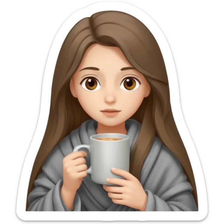 Brown-eyed, fair-skinned girl with long hair down to her shoulders, wrapped in a gray blanket, drinking from a New Year's mug sticker