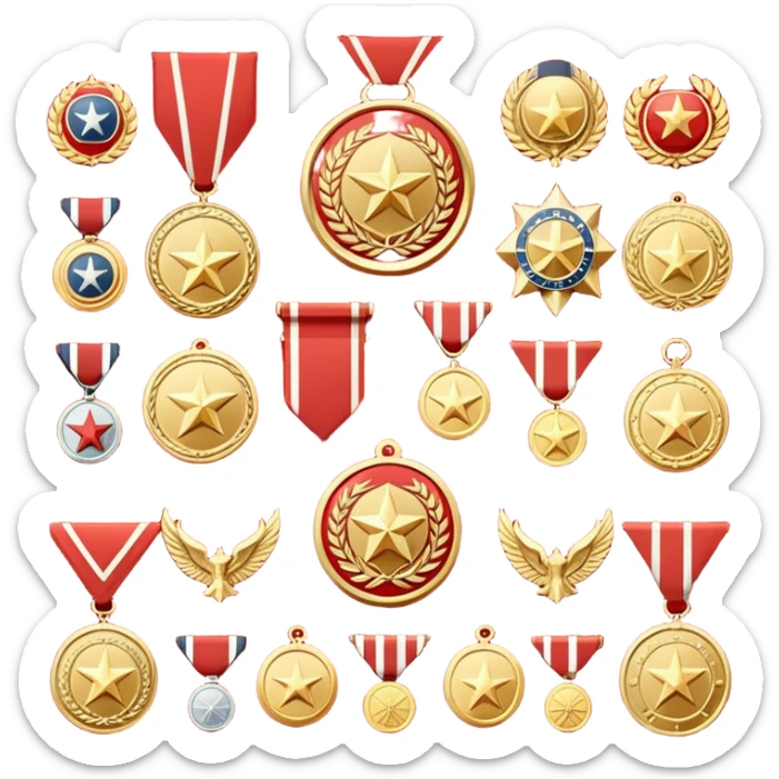 Icon for Collecting Orders, Medals & Badges: a variety of vintage orders, medals and badges, displayed neatly on a big red pennant or in a display case. The icon should reflect the honor and historical significance of these collectible items. Transparent background. sticker