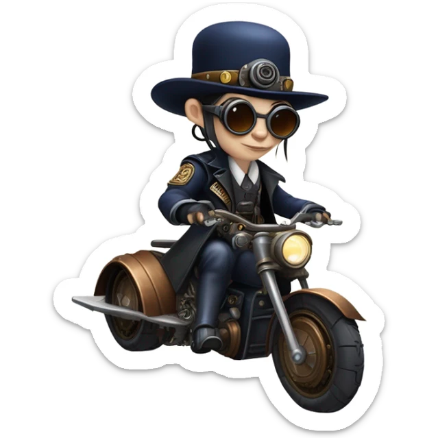 Bounty hunter Wednesday Addams Jedi wearing a pair of navy-blue rimmed steampunk goggles, hat, leather chaps, fringe jacket riding a relaxed sci-fi 3 wheeled steampunk rat rod motorcycle with large fenders and saddlebags in desert town  sticker