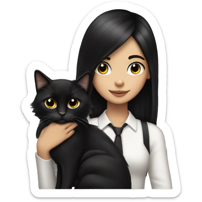 teenage girl with black straight hair holding a longhair very fluffy tuxedo cat sticker