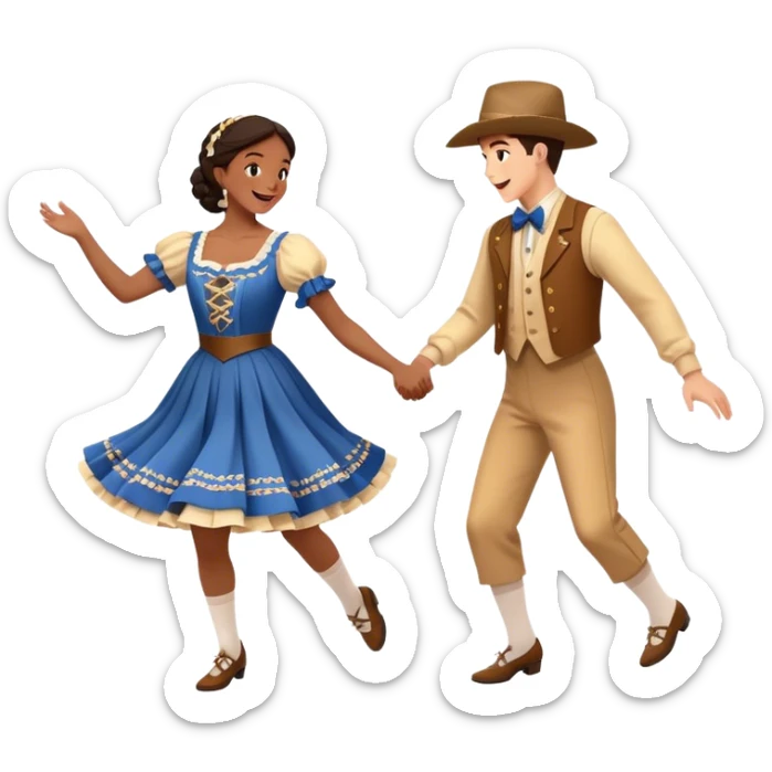 Cinematic Realistic scene of two square dancers in traditional American folk costumes, captured in joyful, coordinated motion with vibrant, rustic lighting that highlights their cultural heritage sticker