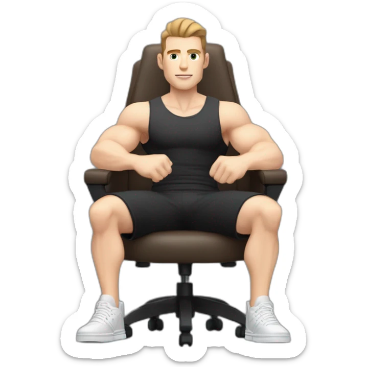 Pale skinned Fit Man With the biceps and dark brown hair in black shirt, gray sports shorts and white Sneakers Sitting on a chair sticker