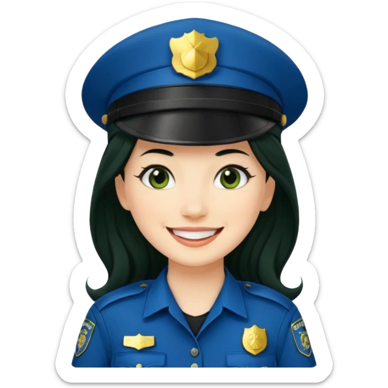 Female POLICE IN green, long black hair, happy smile sticker