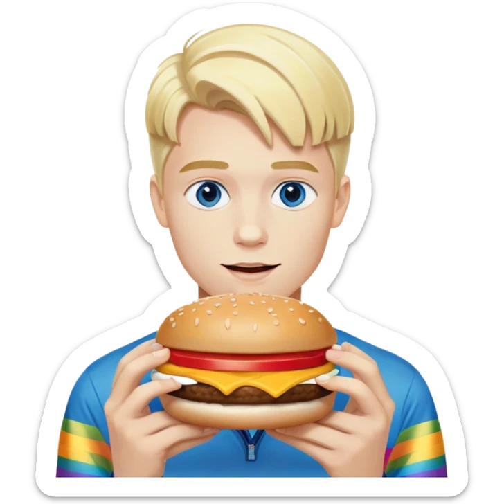 Young blonde man with white skin and blue eyes from LGBT community eating McDonald's hamburger, pride flag colors sticker
