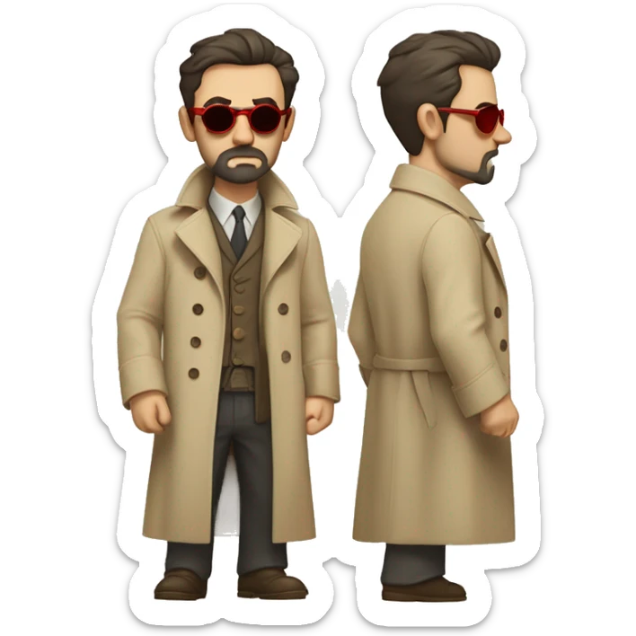 1930s investigator, a Caucasian man with short, dark hair and a rough beard, wears tiny red-tinted sunglasses and a dirty beige trench coat. He has a serious demeanor. sticker