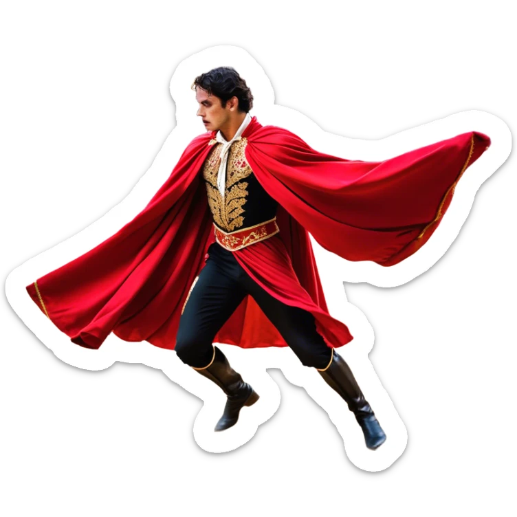 ​Cinematic Realistic Spanish Matador Holding a Red Cape, depicted in mid-action with a vibrant red cape flowing in the wind, dressed in an ornate traje de luces with shimmering details, confronting a charging bull in a dramatic arena, rendered with dynamic motion blur and vivid, high-contrast lighting, sticker