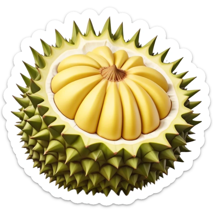 Cinematic Realistic Durian Fruit Dish Emoji, depicted as the notorious spiky fruit with a rich, custardy interior rendered with lifelike detail and bold, distinctive lighting. sticker