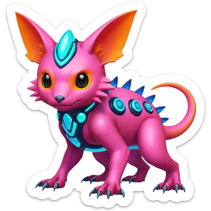 Tropical futuristic lush warm-colored modern colorful neon-colored cyber-Fakémon-Digimon-Trico-creature sticker