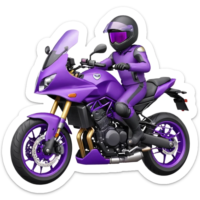 Créer un emoji avec une moto mt07 sport noir mate / violet iridescent très foncé, pare-brise de la moto violet. Avec une pilote dessus visière violet sombre visage caché . Avec fond arrière violet en arrière plan. sticker