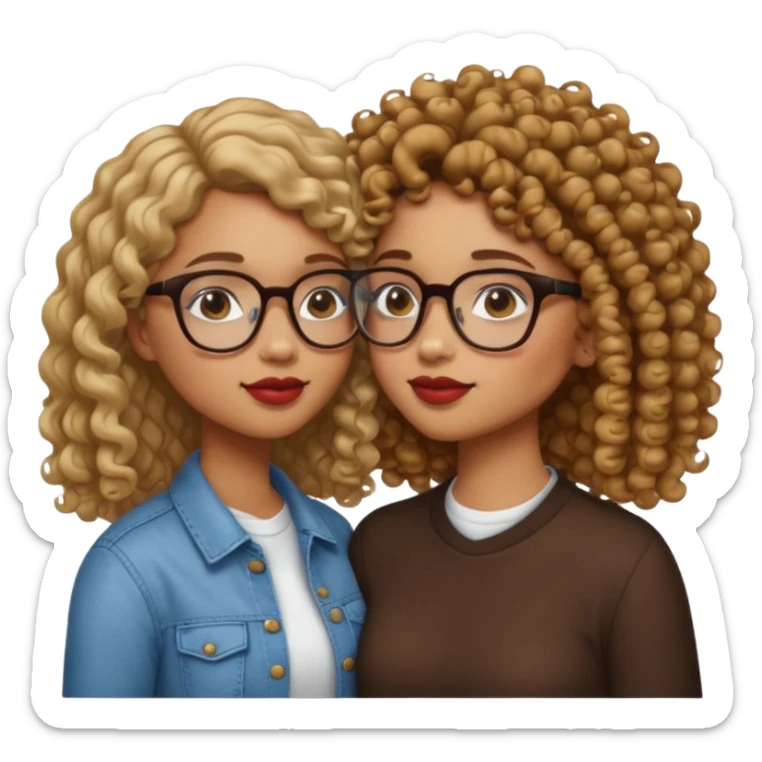 a light skin with straight hair and glasses and a light brown skin girl with curly hair kissing eschother sticker