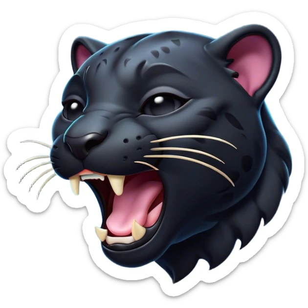 Cinematic Cute Yawning Panther Portrait Emoji, Head tilted slightly with a dramatic, wide-open yawn, showcasing a sleek, shadowy form with drowsy, half-closed eyes and a relaxed, open expression, Simplified yet irresistibly adorable features, highly detailed, glowing with a soft, cozy dark glow, high shine, relaxed yet expressive, stylized with a dash of whimsical elegance, soft glowing outline, capturing the essence of a drowsy yet affectionate jungle guardian that appears ready to stretch out for a nap! sticker