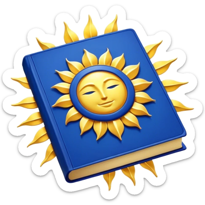 A golden yellow book with royal blue accents, smooth and polished, embossed with a symbol of six pillars, a sun, or a glowing mirror, radiating strength, confidence, and the power of self-worth.  sticker
