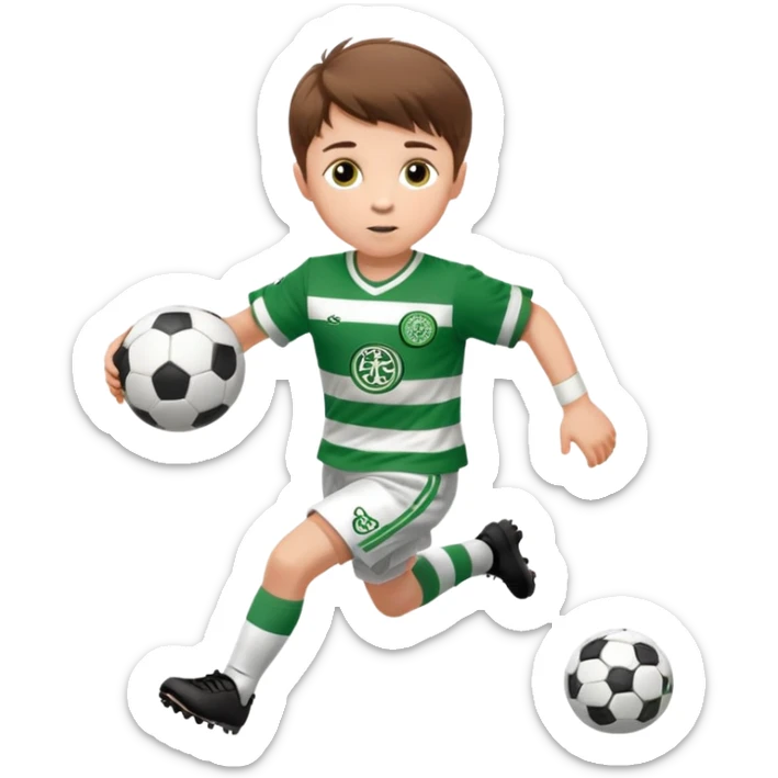 Celtic footballer jersey logo  6 years old brown hair white boy , brown eyes , stripes uniform , RUNNING  with soccer ball # 17 celtic football logo PUT ONLY ONE LOGO ONE CELTIC LOGO ONLY  sticker