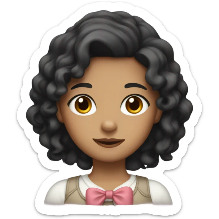 a girl with black wavy hair, brown eyes, fair skin, and a bow in her hair sticker