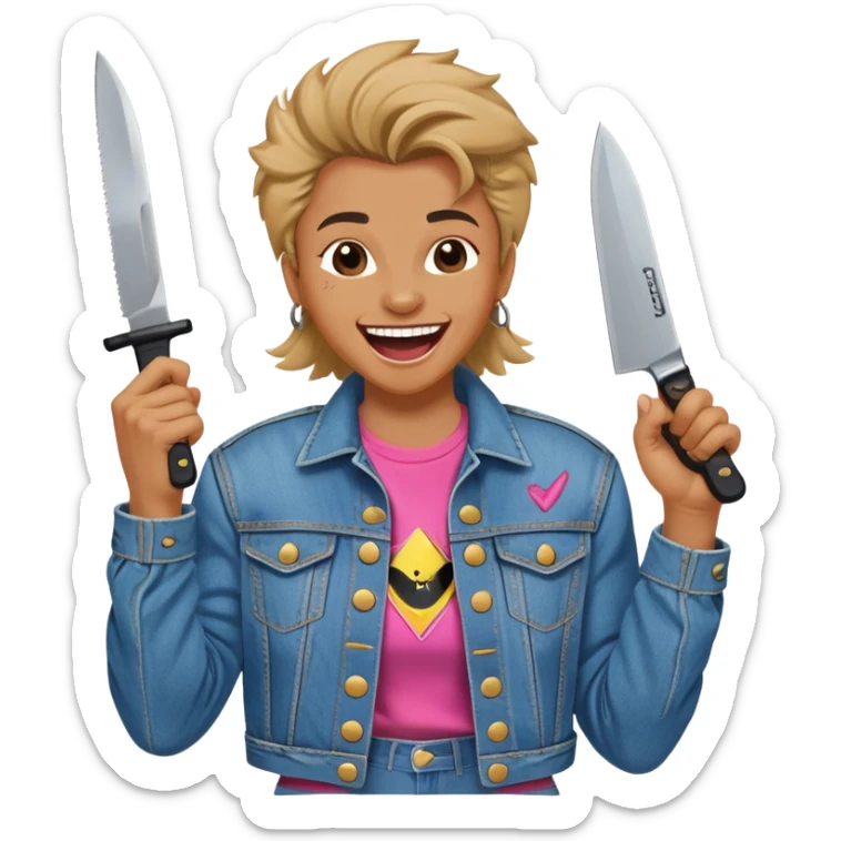 savage person wearing 80s 1988 outfit, denim jacket with shoulder pads, holding a knife, laughing maniacally sticker