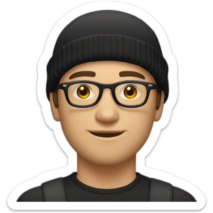 white young man with round glasses and black straight short hair and short black thin beard with a black beanie hat sticker