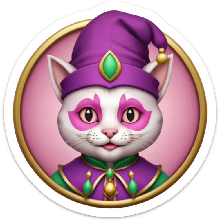 court jester cat medieval, single poker card joker clearly visible, pink, face only, round badge,  court jester cap sticker