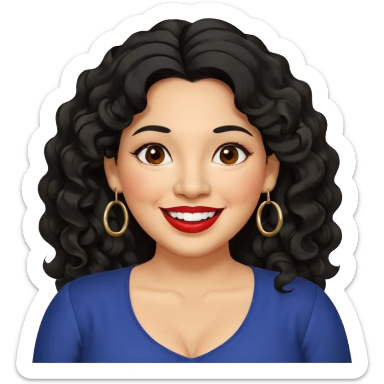 40 yr old Mexican woman, slightly chubby, wavy/curly long black hair, red lipstick, big smile, white teeth, brown eyes, hoop earings, side part to hair, round face, nice blouse, no wrinkle hair side swept, big hoop earing sticker