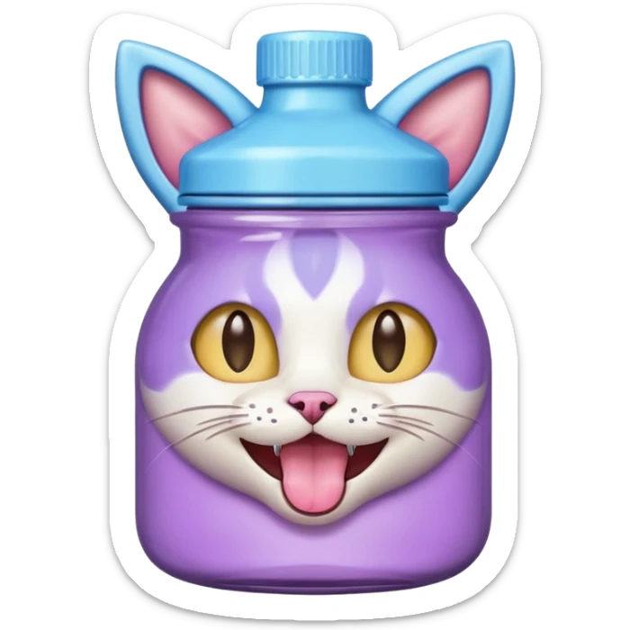 Smiling bottle of oil light purple top and light blue sticking tongue out and with cat ears sticker
