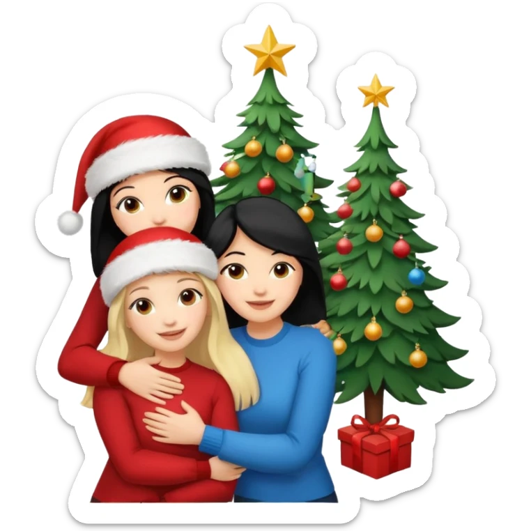 Generate Christmas-style emojis  family. Where light-skinned people stand near the tree all together, hugging and smiling. 2 girl should be Light-haired woman, 1 woman black-haired woman, and 1 man  sticker