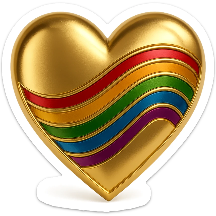 shiny gold heart with rainbow pride accents, gold style sticker