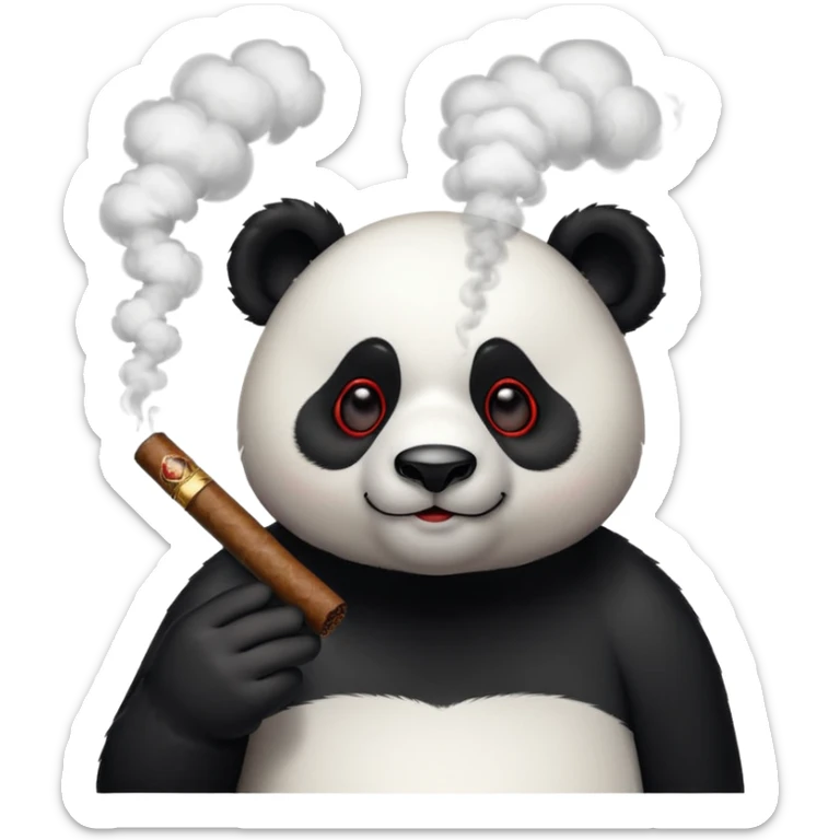 A panda with very red eyes and a cigar in his mouth with smoke in the air  sticker