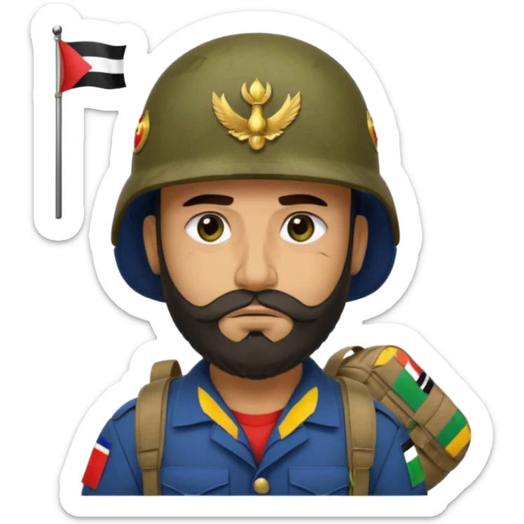 A tired, swarthy Iraqi soldier with a beard, an Iraqi flag on his helmet, a sad expression and bags under his eyes sticker