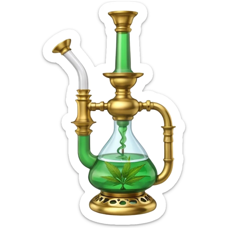 Brass hookah with green design on a glass water base and a weed banger on the top sticker